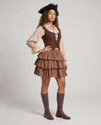 Women's pirate costume with brown laced bodice, ruffle-collar blouse and tiered skirt