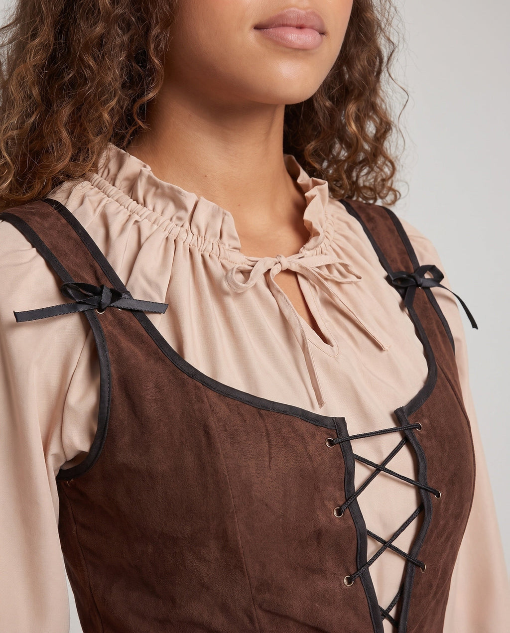 Women's pirate costume with brown laced bodice, ruffle-collar blouse and tiered skirt - view 2