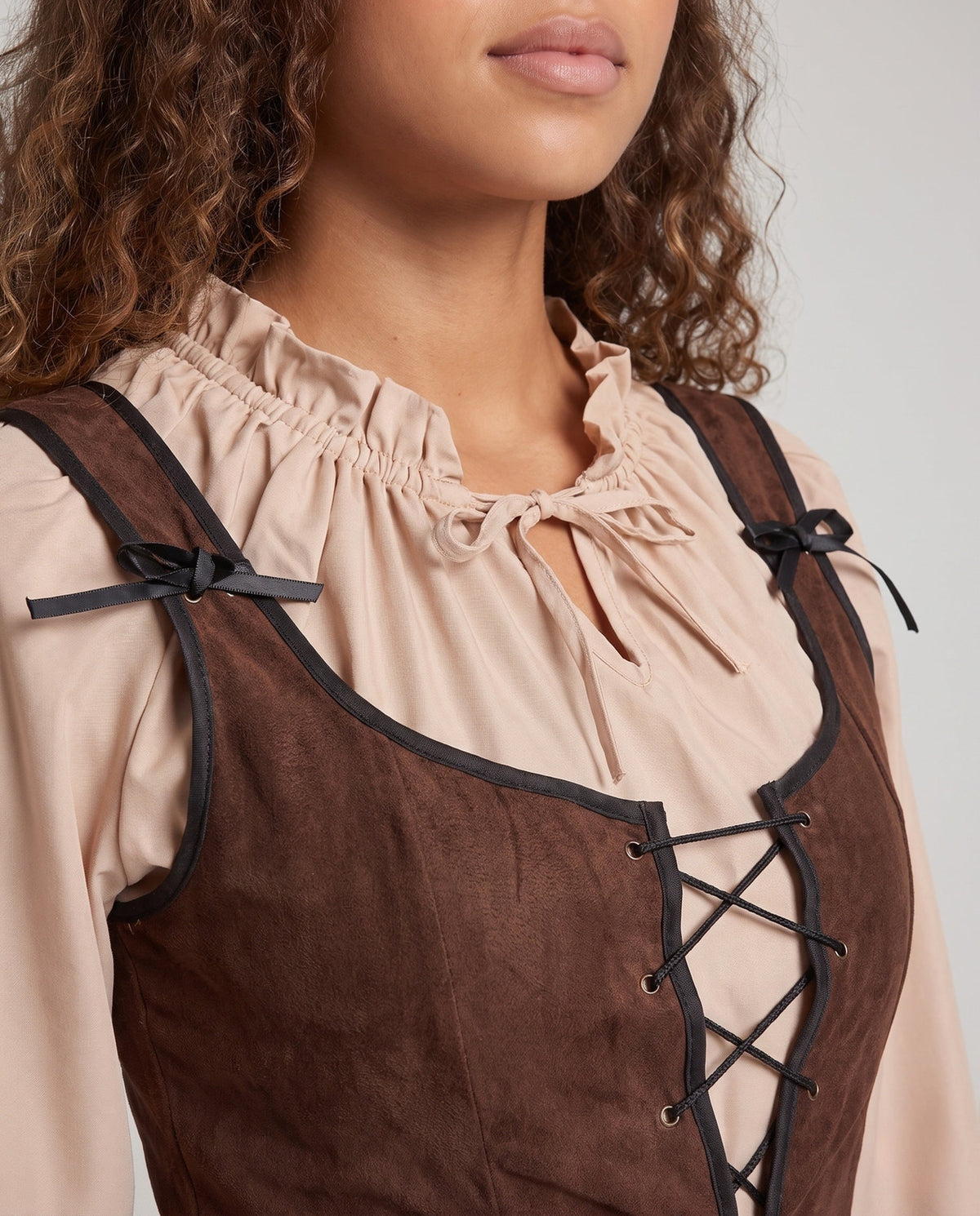 Women's pirate costume with brown laced bodice, ruffle-collar blouse and tiered skirt - view 2