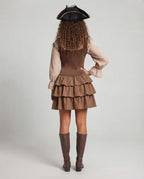 Women's pirate costume with brown laced bodice, ruffle-collar blouse and tiered skirt - view 3