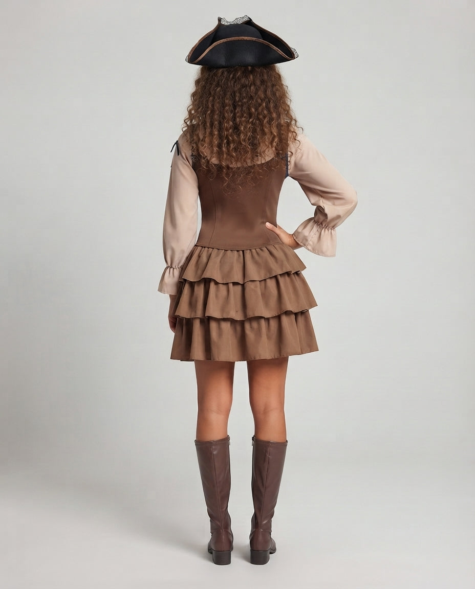 Women's pirate costume with brown laced bodice, ruffle-collar blouse and tiered skirt - view 3