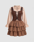 Women's pirate costume with brown laced bodice, ruffle-collar blouse and tiered skirt - view 4