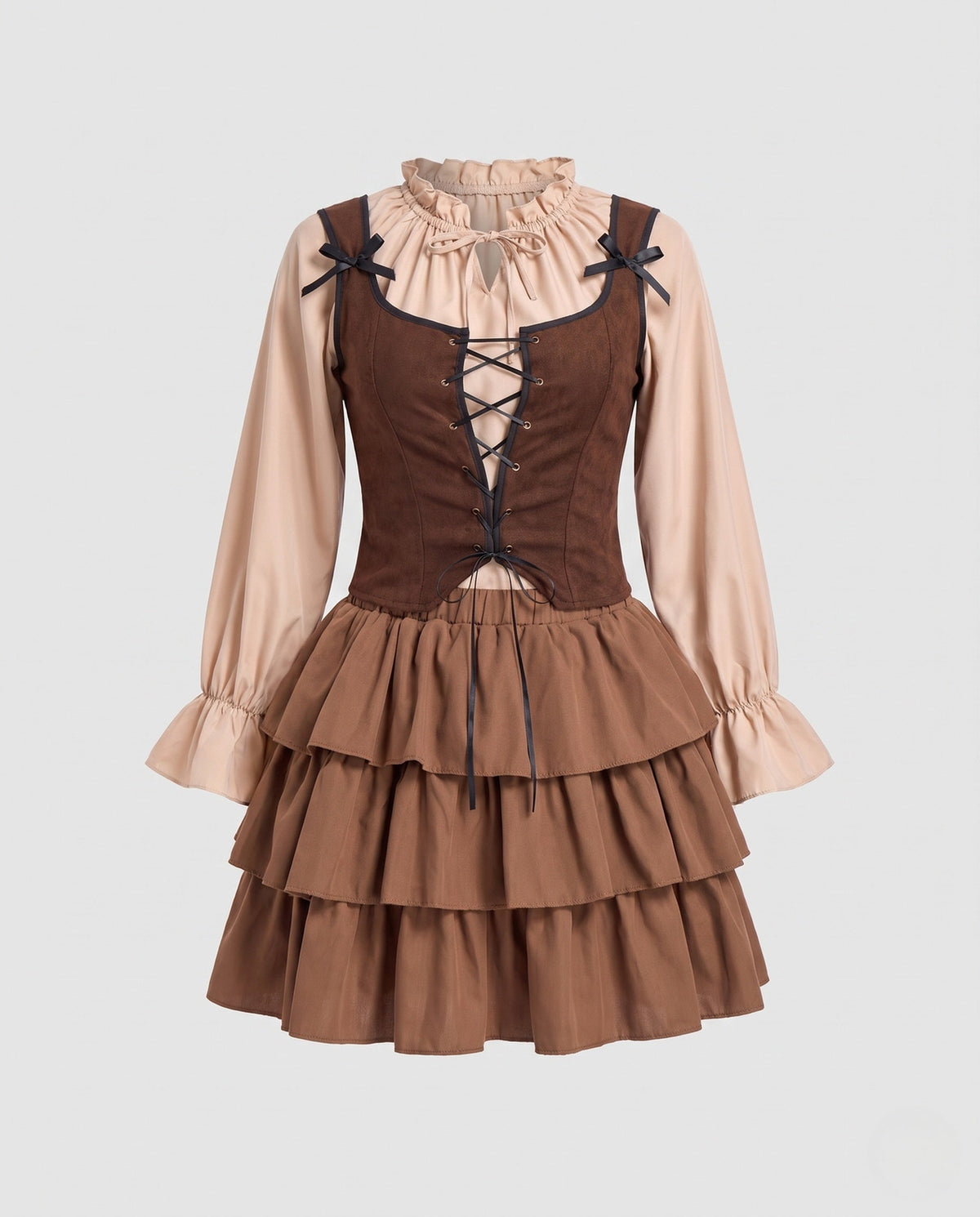 Women's pirate costume with brown laced bodice, ruffle-collar blouse and tiered skirt - view 4