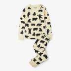 Matching Christmas pajamas with black bear print worn by a family by the tree - view 8