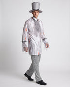 Men's ghost groom Halloween costume with distressed gray print jacket, mesh jabot, gray pants and top hat