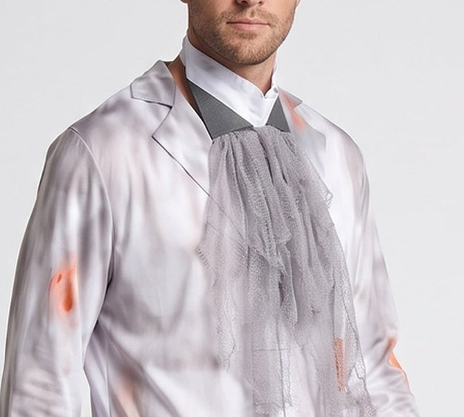 Men's ghost groom Halloween costume with distressed gray print jacket, mesh jabot, gray pants and top hat - view 2