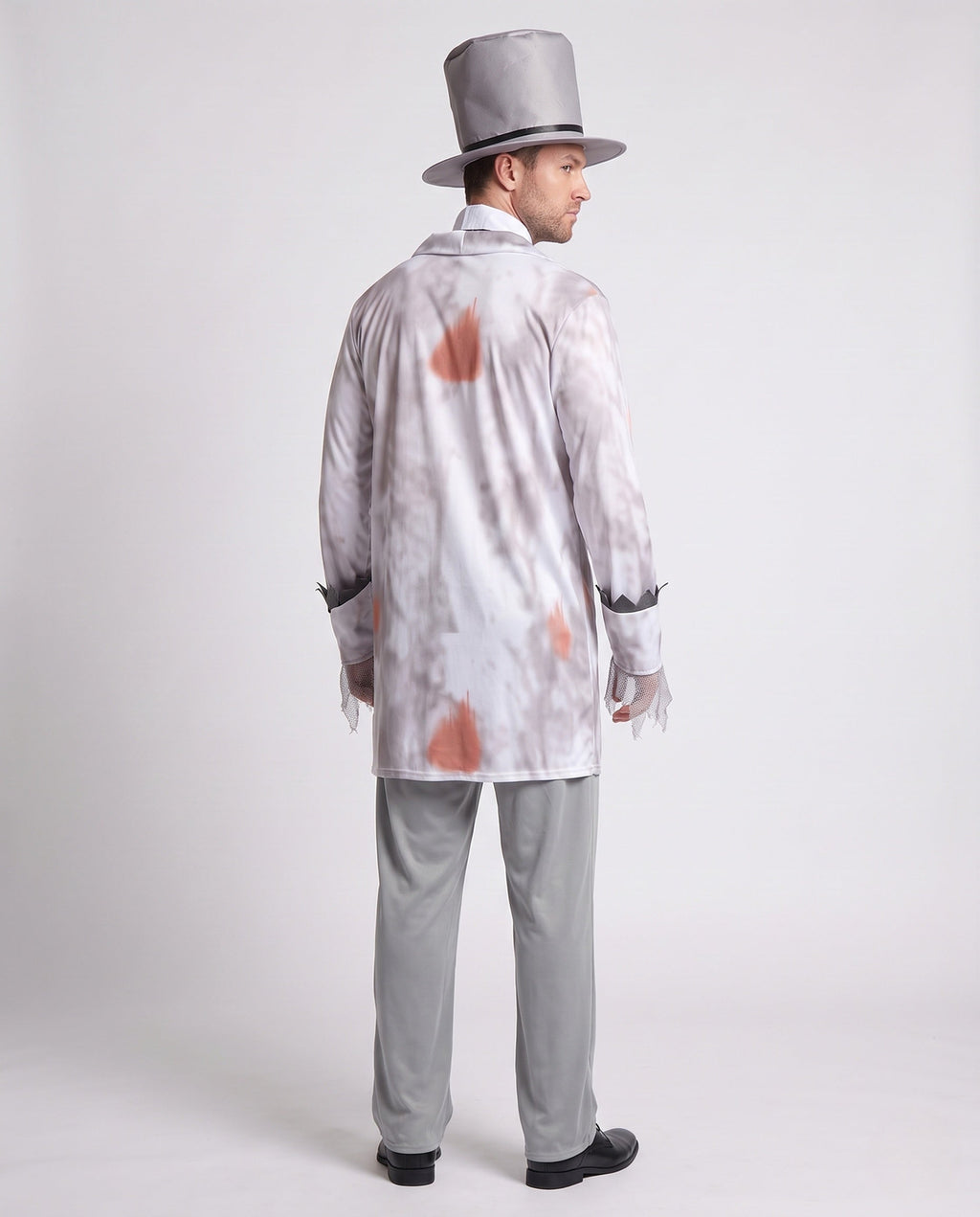 Men's ghost groom Halloween costume with distressed gray print jacket, mesh jabot, gray pants and top hat - view 3