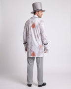 Men's ghost groom Halloween costume with distressed gray print jacket, mesh jabot, gray pants and top hat - view 3