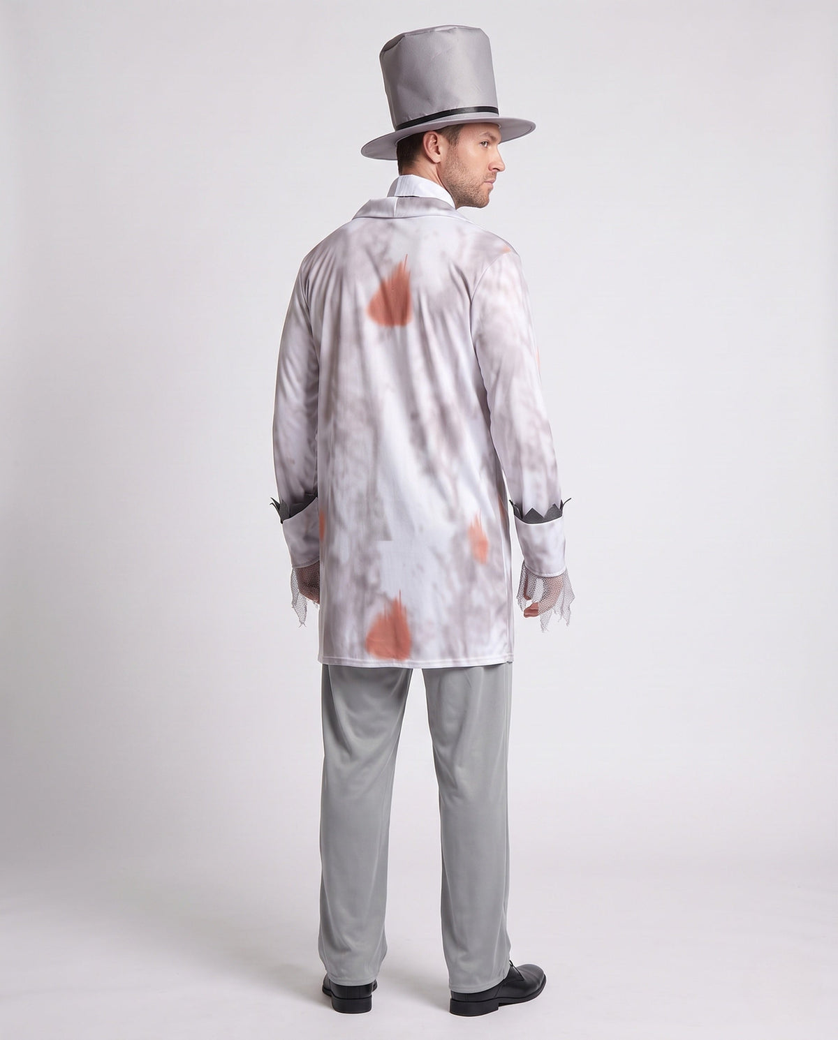 Men's ghost groom Halloween costume with distressed gray print jacket, mesh jabot, gray pants and top hat - view 3