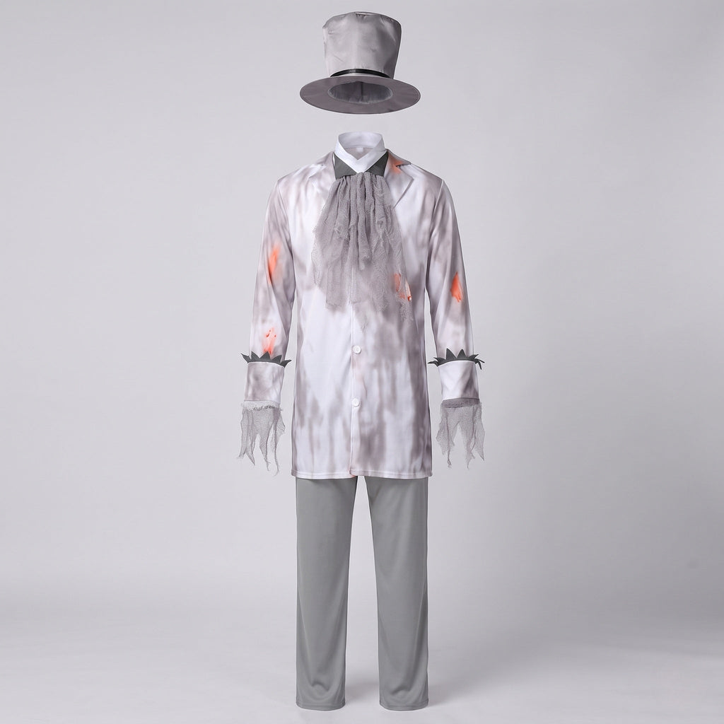 Men's ghost groom Halloween costume with distressed gray print jacket, mesh jabot, gray pants and top hat - view 4