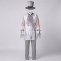Men's ghost groom Halloween costume with distressed gray print jacket, mesh jabot, gray pants and top hat - view 4