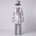 Men's ghost groom Halloween costume with distressed gray print jacket, mesh jabot, gray pants and top hat - view 4