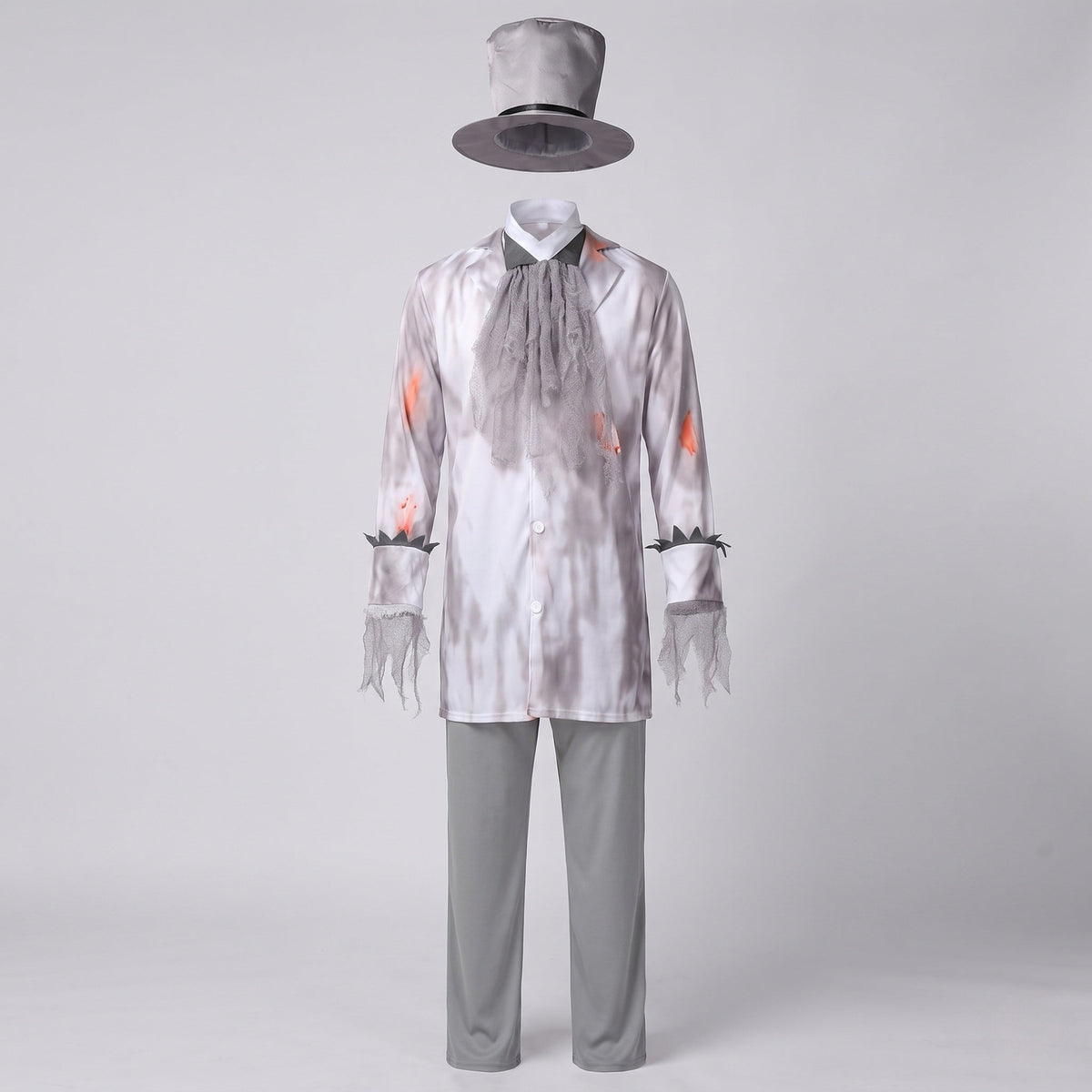 Men's ghost groom Halloween costume with distressed gray print jacket, mesh jabot, gray pants and top hat - view 4