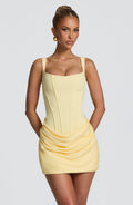 Corset homecoming mini dress with square neckline, draped skirt and lace-up back
