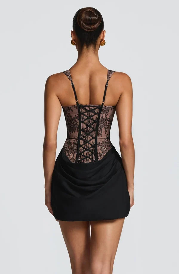 Corset homecoming mini dress with square neckline, draped skirt and lace-up back - view 15