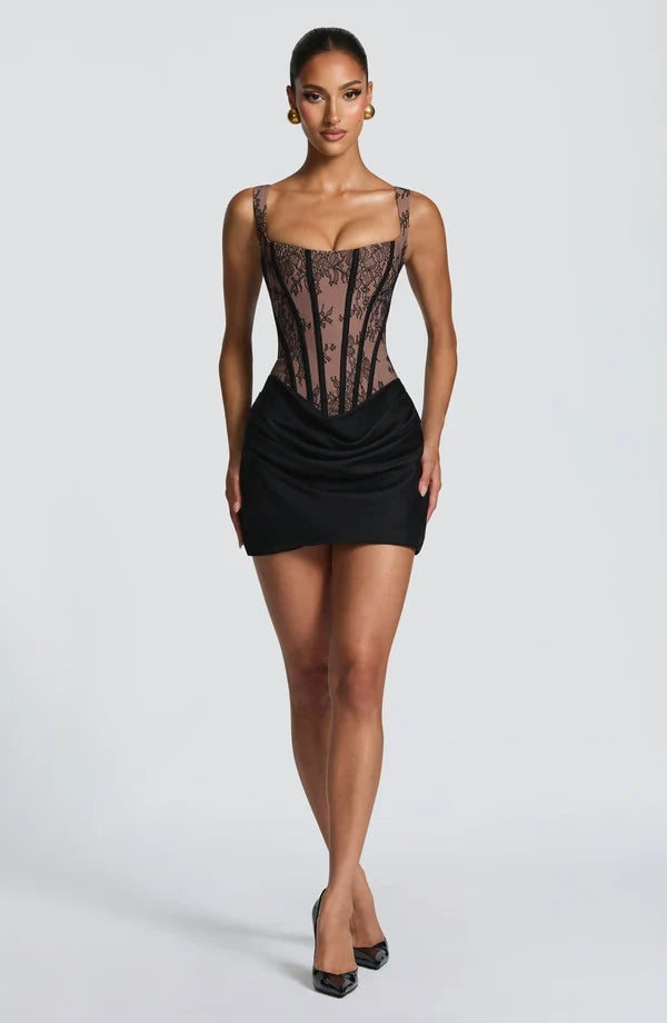Corset homecoming mini dress with square neckline, draped skirt and lace-up back - view 16