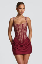 Corset homecoming mini dress with square neckline, draped skirt and lace-up back - view 17