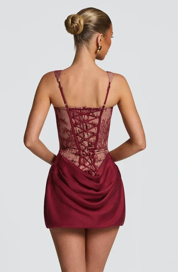 Corset homecoming mini dress with square neckline, draped skirt and lace-up back - view 18