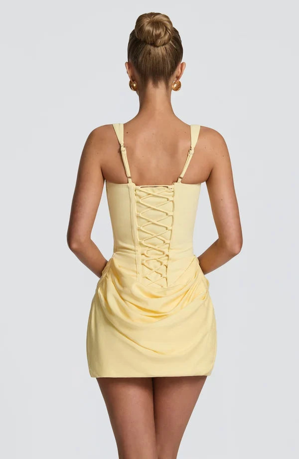 Corset homecoming mini dress with square neckline, draped skirt and lace-up back - view 2