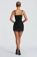 Corset homecoming mini dress with square neckline, draped skirt and lace-up back - view 9