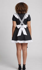Women's black and white maid Halloween costume with ruffled apron and puff sleeves - view 3