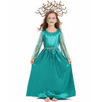 Girls teal satin Halloween costume dress with sheer long sleeves and gold trim