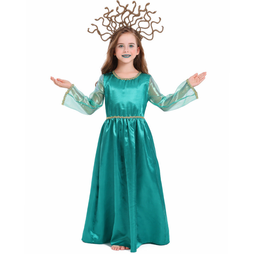 Girls teal satin Halloween costume dress with sheer long sleeves and gold trim - view 2