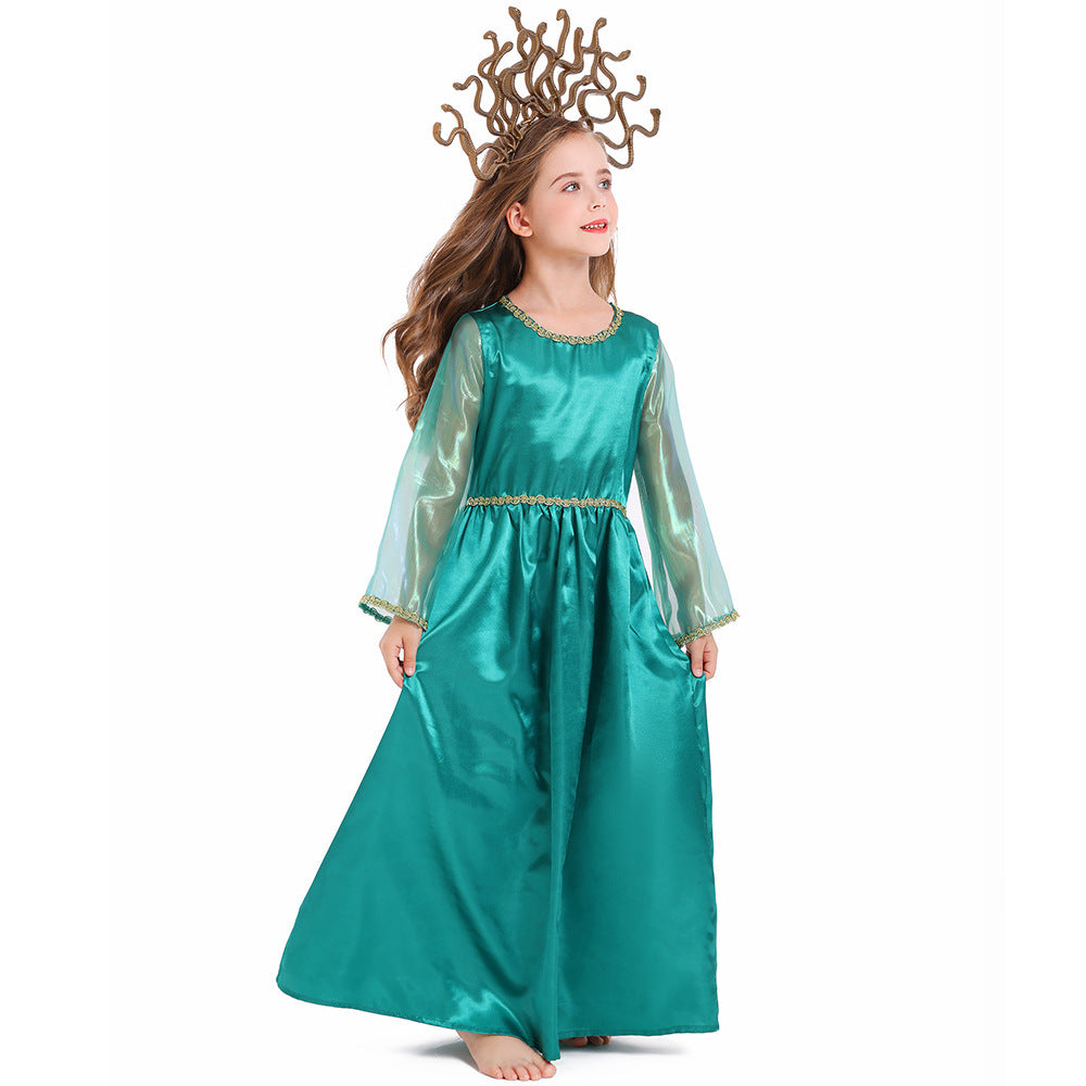 Girls teal satin Halloween costume dress with sheer long sleeves and gold trim - view 3