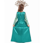 Girls teal satin Halloween costume dress with sheer long sleeves and gold trim - view 4