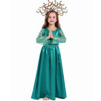 Girls teal satin Halloween costume dress with sheer long sleeves and gold trim - view 5