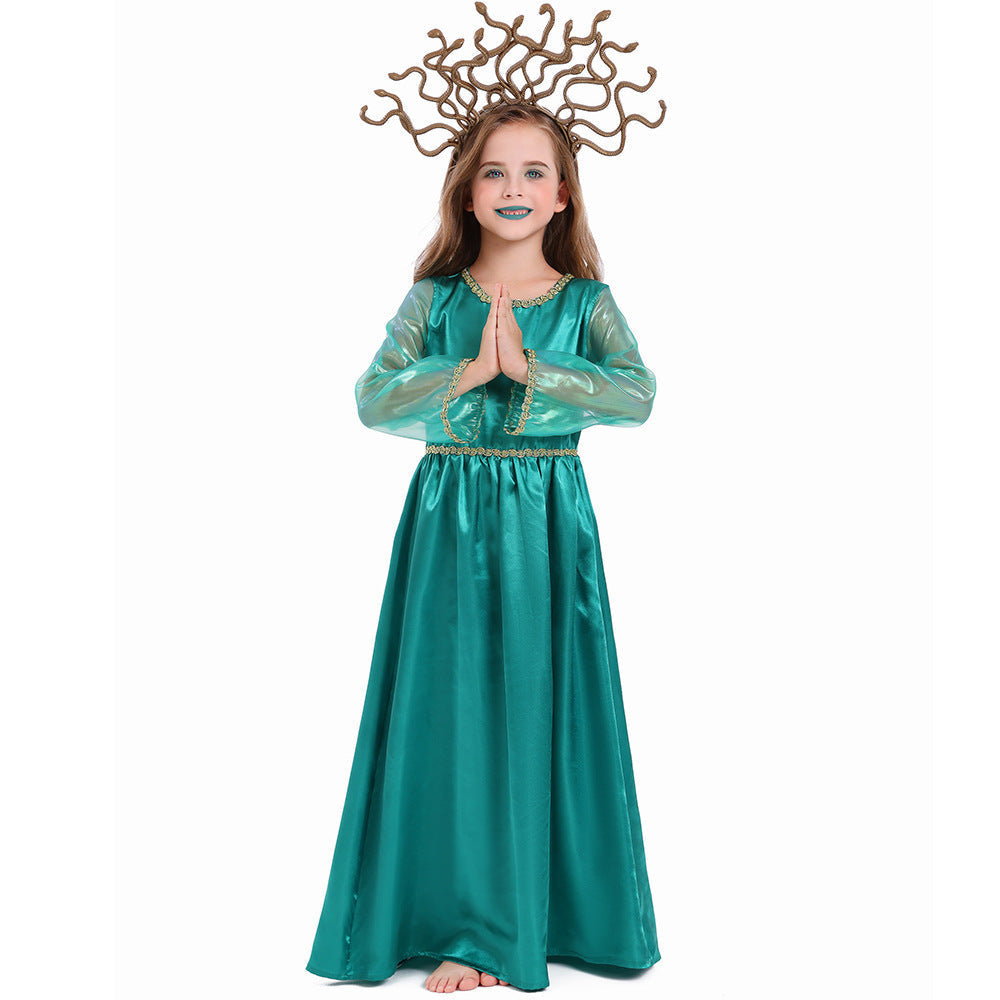 Girls teal satin Halloween costume dress with sheer long sleeves and gold trim - view 5