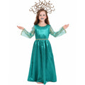 Girls teal satin Halloween costume dress with sheer long sleeves and gold trim - view 6