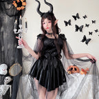 Women's black velvet Halloween costume dress with satin bow and sheer dotted tulle cape - view 3
