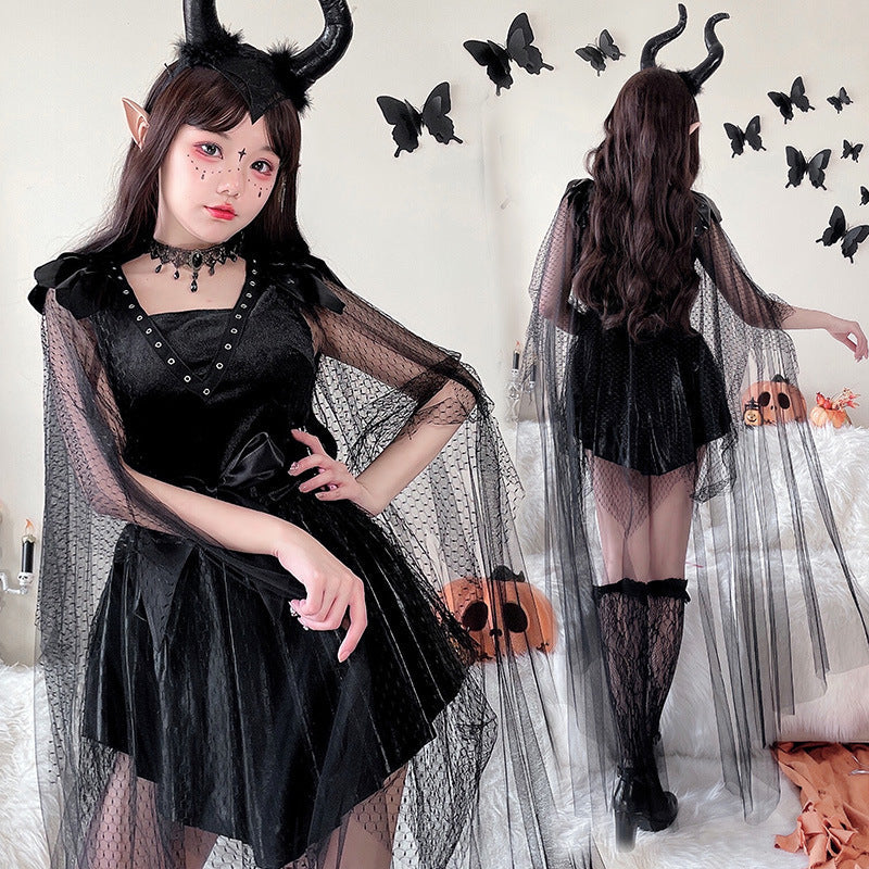 Women's black velvet Halloween costume dress with satin bow and sheer dotted tulle cape - view 4