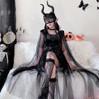 Women's black velvet Halloween costume dress with satin bow and sheer dotted tulle cape - view 5