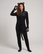 Women's plush hooded cat Halloween costume jumpsuit with cat ears, paw mitts and tail