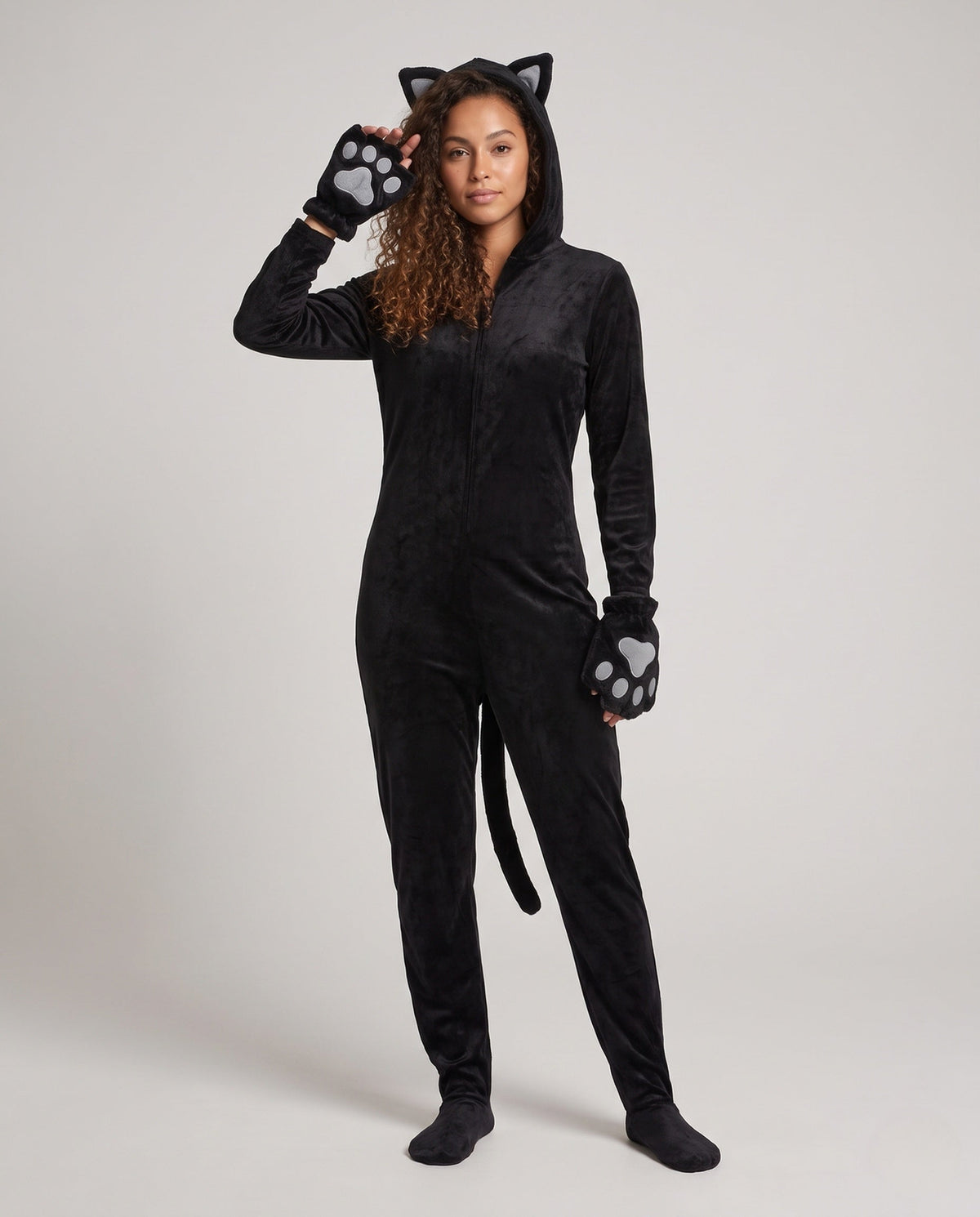 Women's plush hooded cat Halloween costume jumpsuit with cat ears, paw mitts and tail