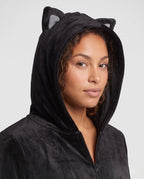 Women's plush hooded cat Halloween costume jumpsuit with cat ears, paw mitts and tail - view 2