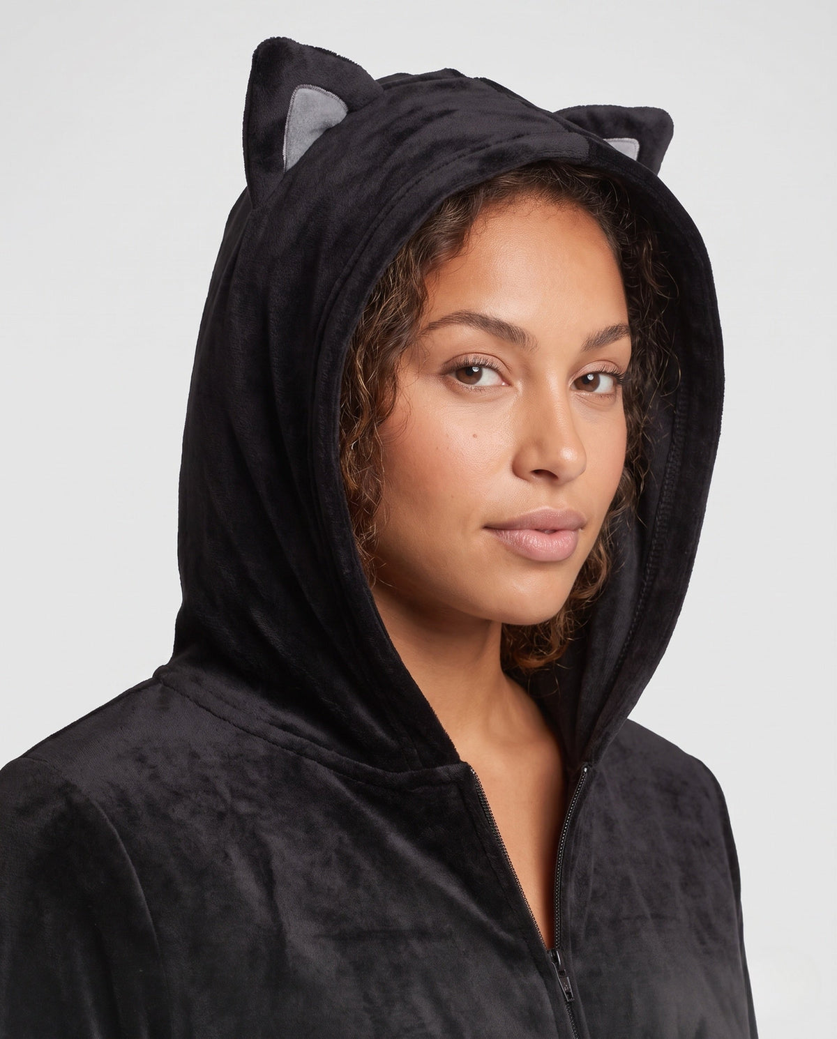 Women's plush hooded cat Halloween costume jumpsuit with cat ears, paw mitts and tail - view 2