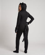 Women's plush hooded cat Halloween costume jumpsuit with cat ears, paw mitts and tail - view 3