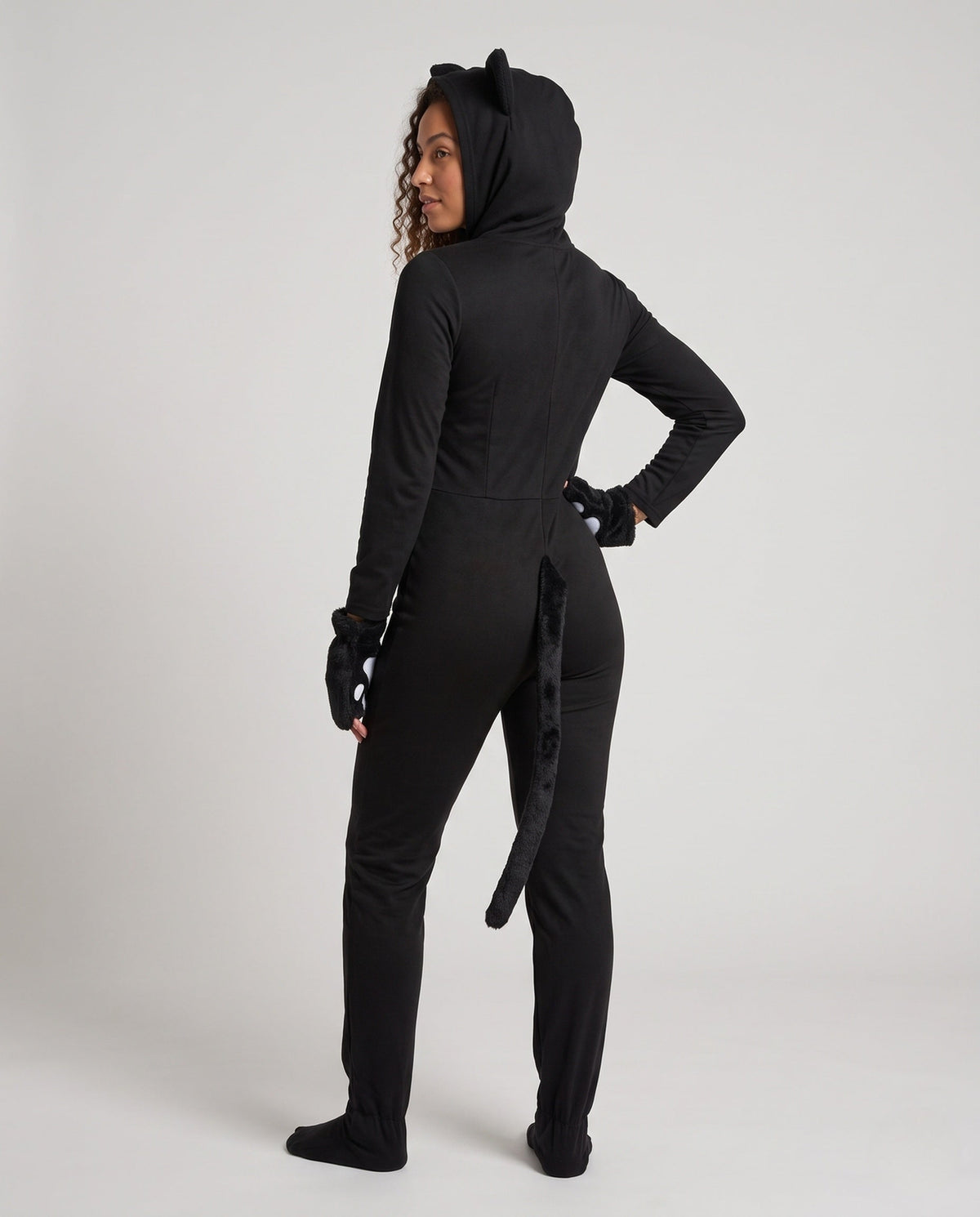 Women's plush hooded cat Halloween costume jumpsuit with cat ears, paw mitts and tail - view 3