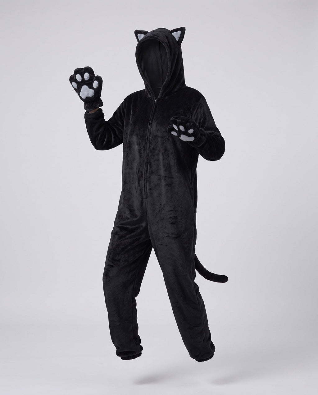 Women's plush hooded cat Halloween costume jumpsuit with cat ears, paw mitts and tail - view 4
