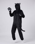 Women's plush hooded cat Halloween costume jumpsuit with cat ears, paw mitts and tail - view 4