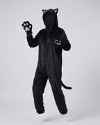 Women's plush hooded cat Halloween costume jumpsuit with cat ears, paw mitts and tail - view 4