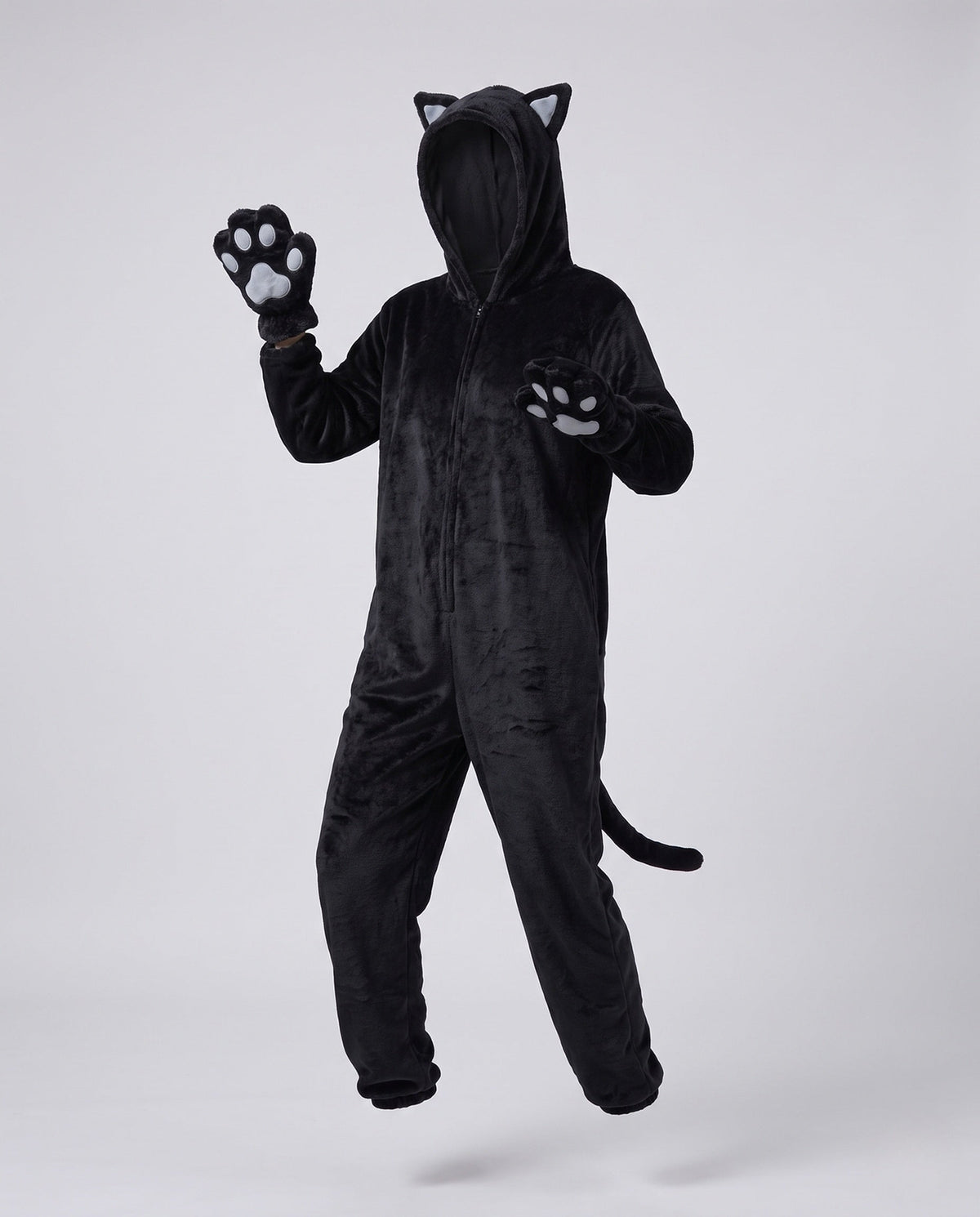 Women's plush hooded cat Halloween costume jumpsuit with cat ears, paw mitts and tail - view 4