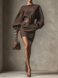 Delphine textured brown long sleeve dress with boat neck and belted waist