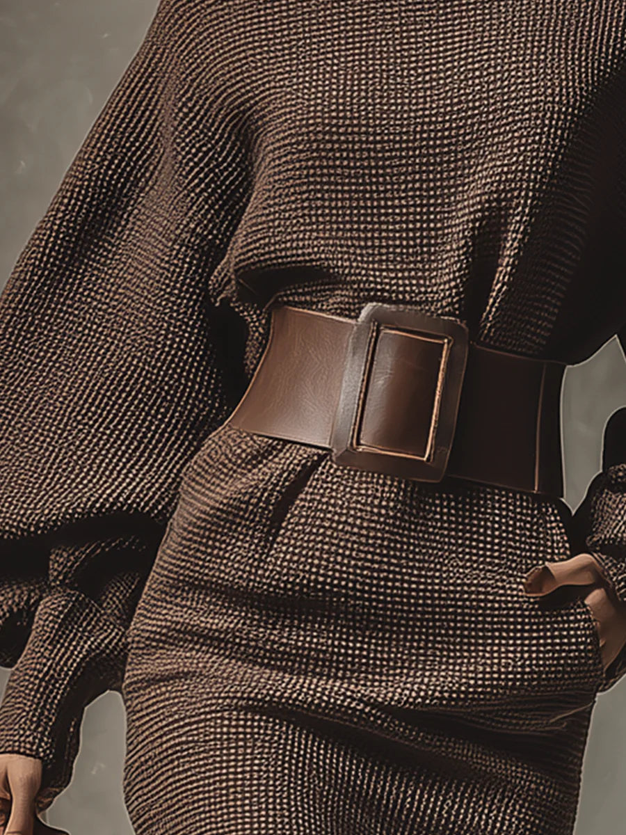 Delphine textured brown long sleeve dress with boat neck and belted waist - view 3