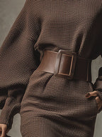 Delphine textured brown long sleeve dress with boat neck and belted waist - view 3