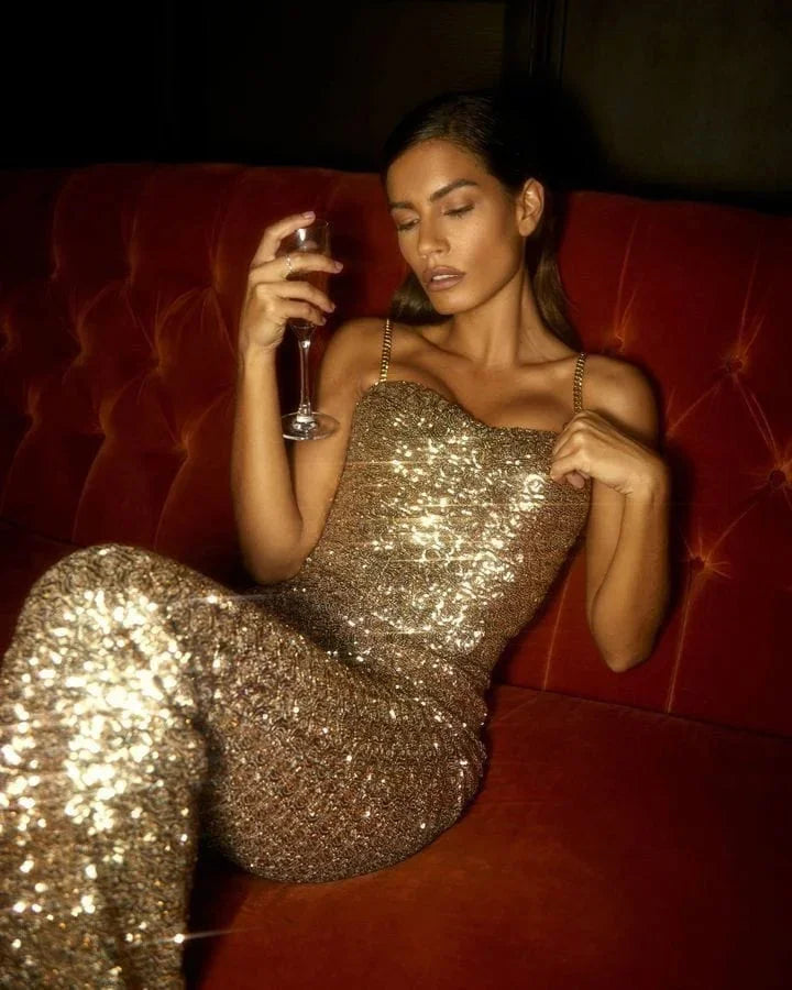 Sparkly sequin jumpsuit with sweetheart bodice, chain straps, waist belt and flared legs - view 2