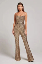 Sparkly sequin jumpsuit with sweetheart bodice, chain straps, waist belt and flared legs - view 3
